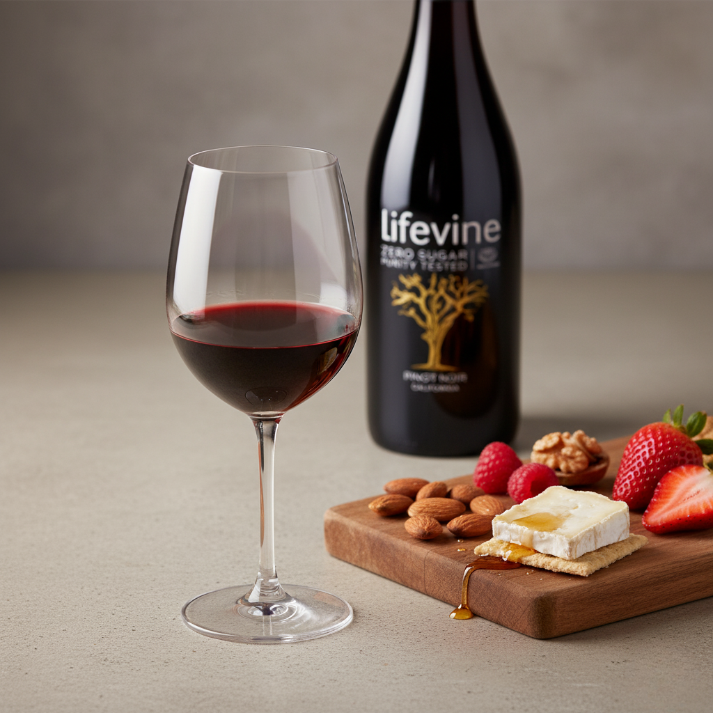 Lifevine zero sugar wine bottle with a glass of red wine and a charcuterie board on a neutral background