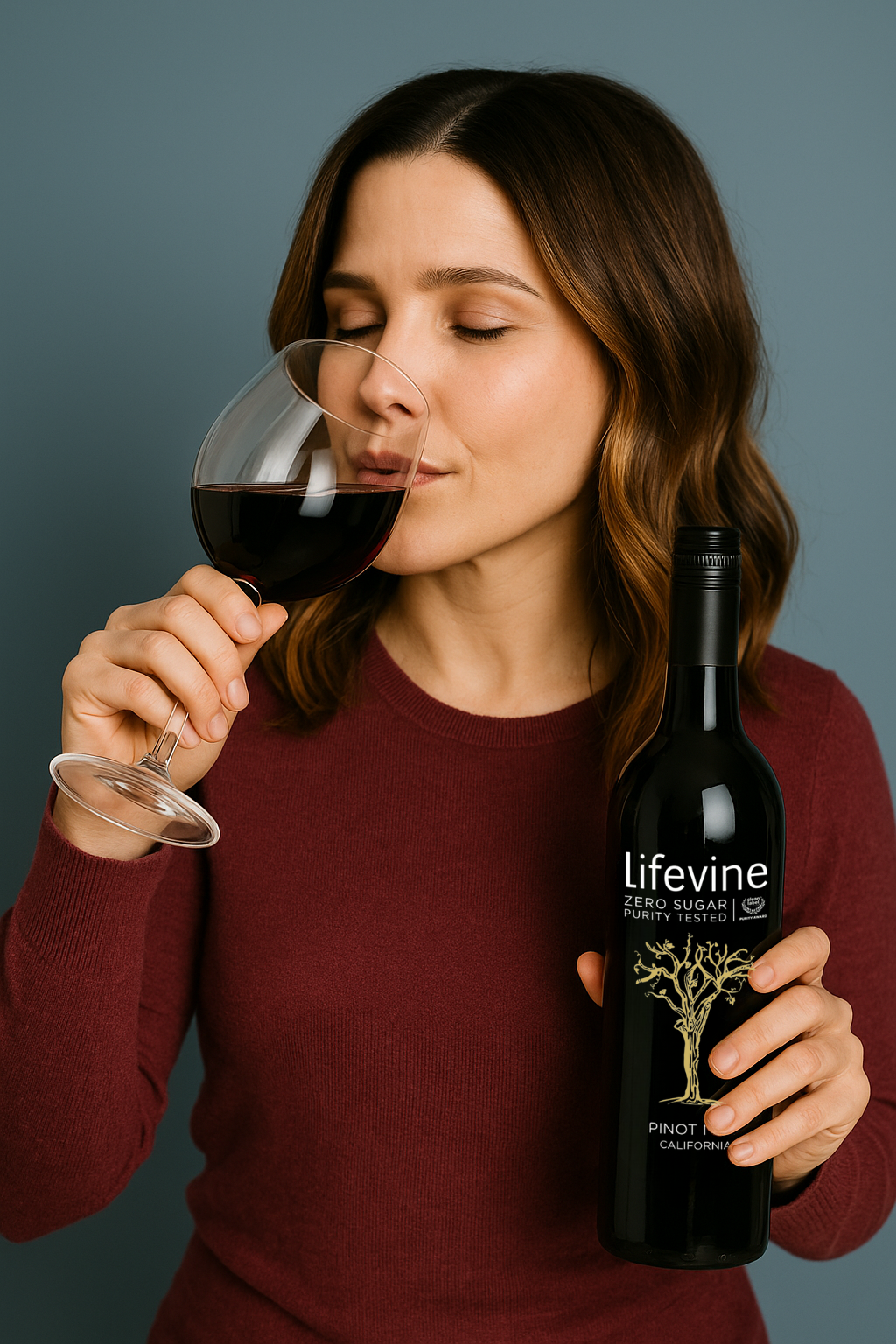 Woman tasting red wine from a glass and holding a bottle of Lifevine wine against a dark background