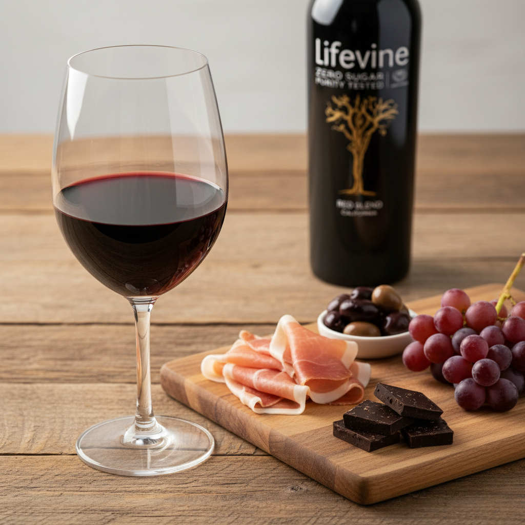 Glass of red wine, bottle of 'Lifevine', and appetizers on a wooden table.
