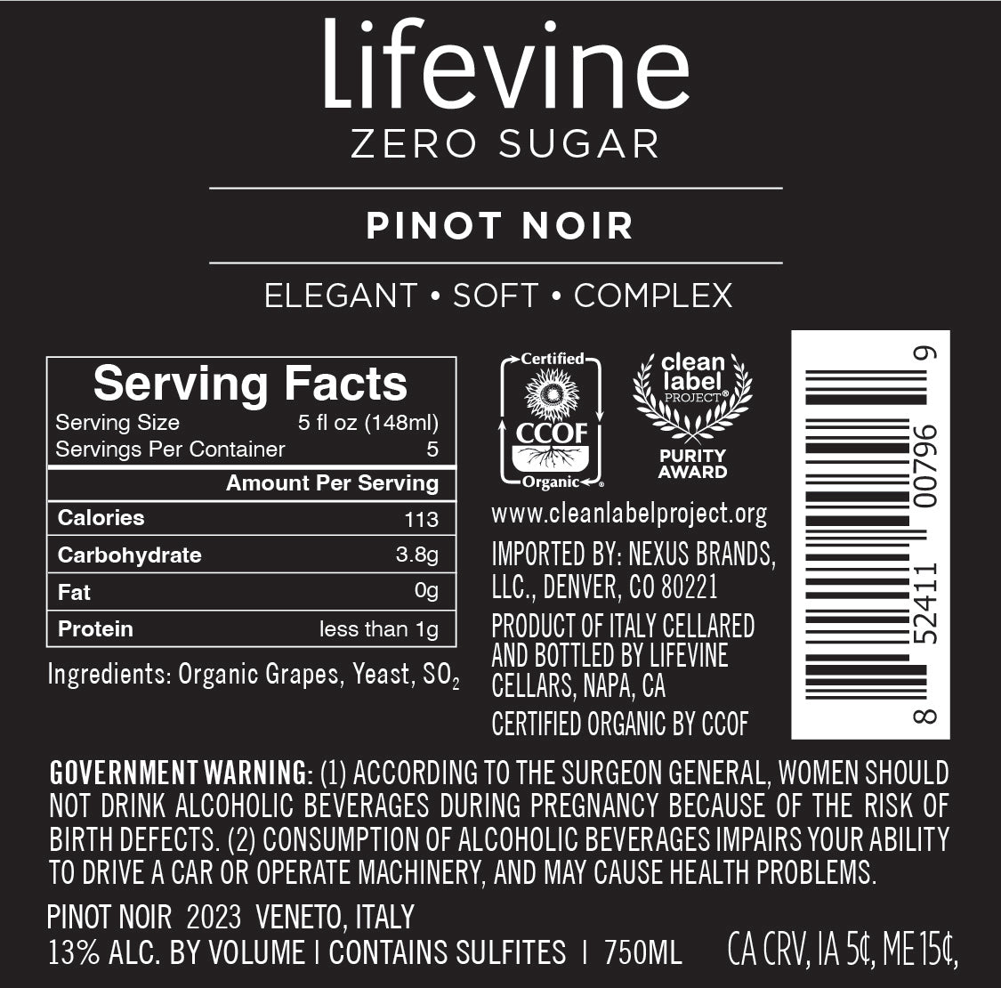 Lifevine Zero Sugar Pinot Noir Bottle Serving Facts