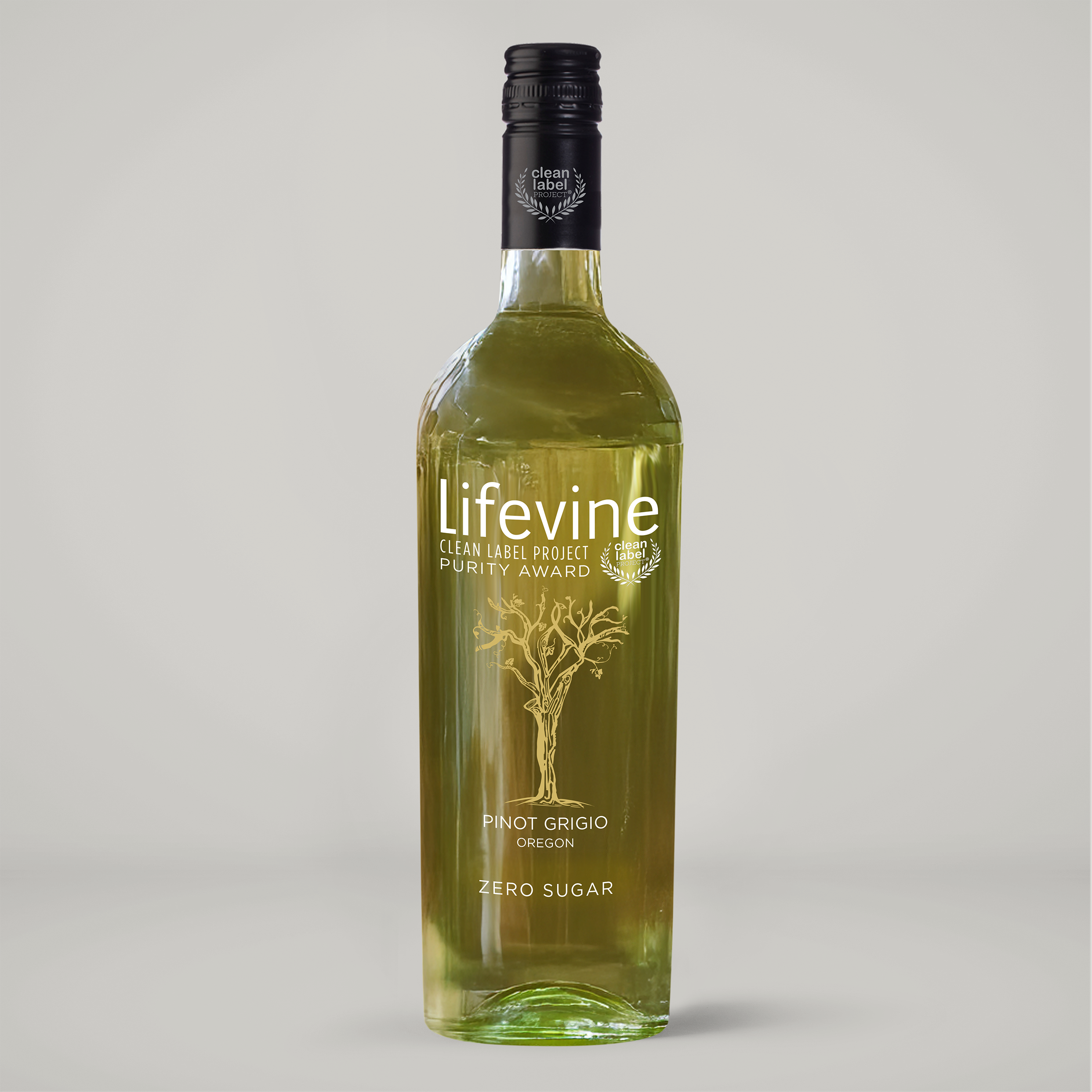 Bottle of Lifevine Pinot Grigio Zero Sugar on a gray background