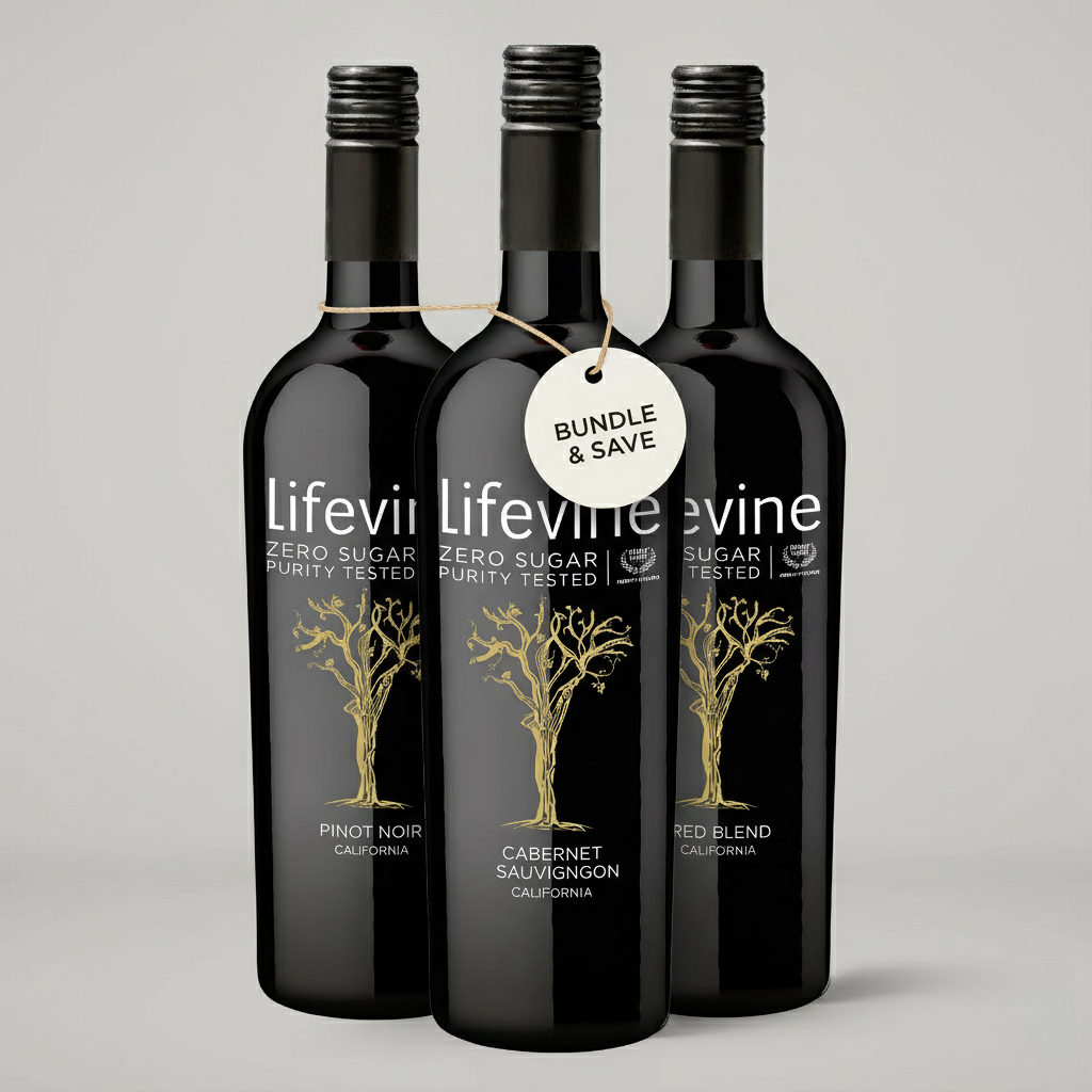 Three bottles of Lifevine wine with a bundle tag on a gray background