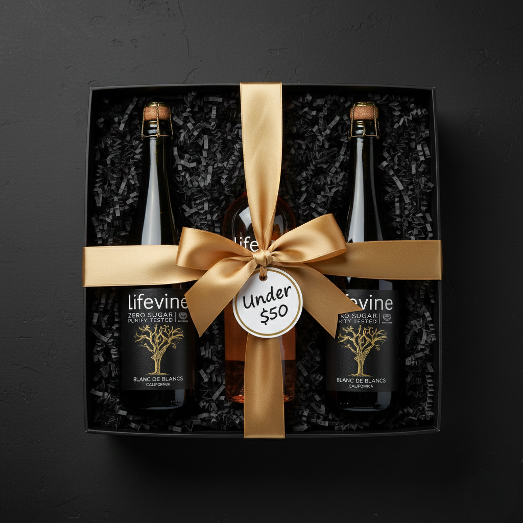 Gift set with three bottles of 'lifevine' wine in a decorative box with a gold ribbon on a dark background.