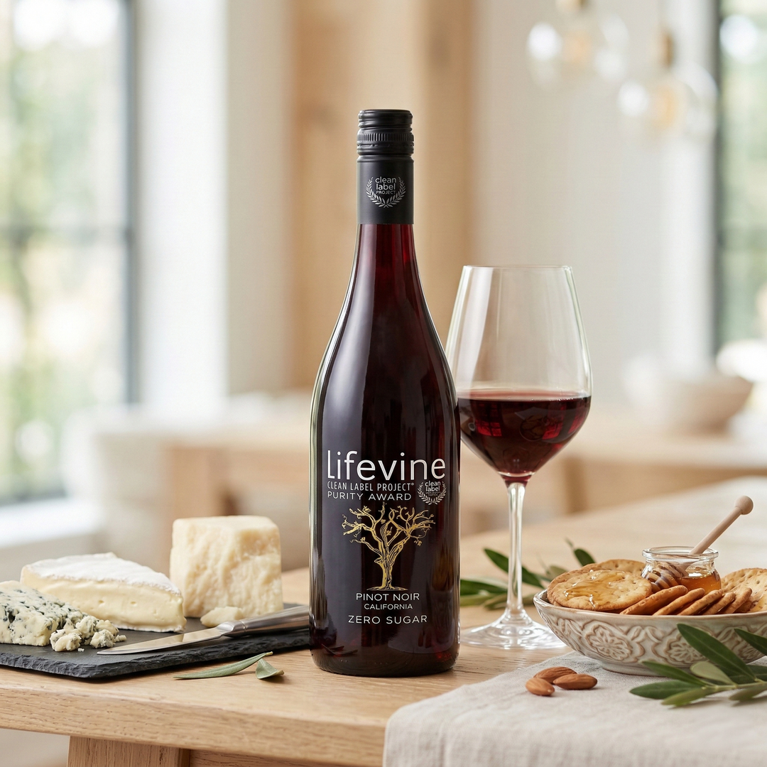 Lifevine Pinot Noir bottle with a glass of wine on a table with snacks in a cozy setting