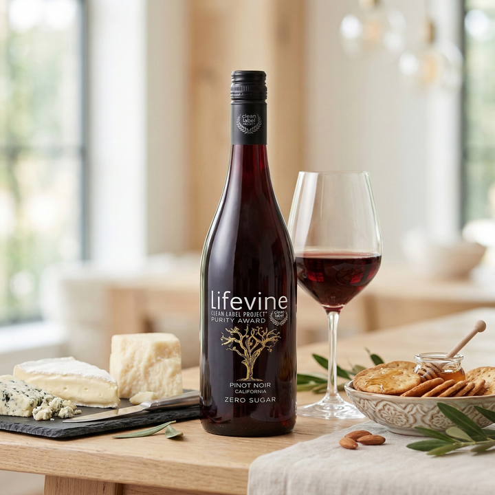 Lifevine Pinot Noir bottle with a glass of wine on a table with snacks in a cozy setting