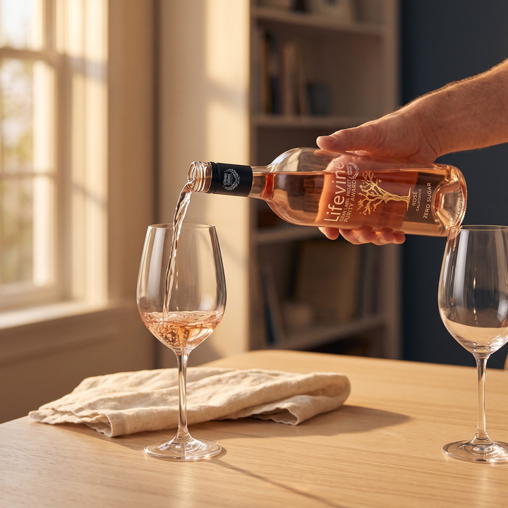 A hand pours rosé wine from a bottle labeled &