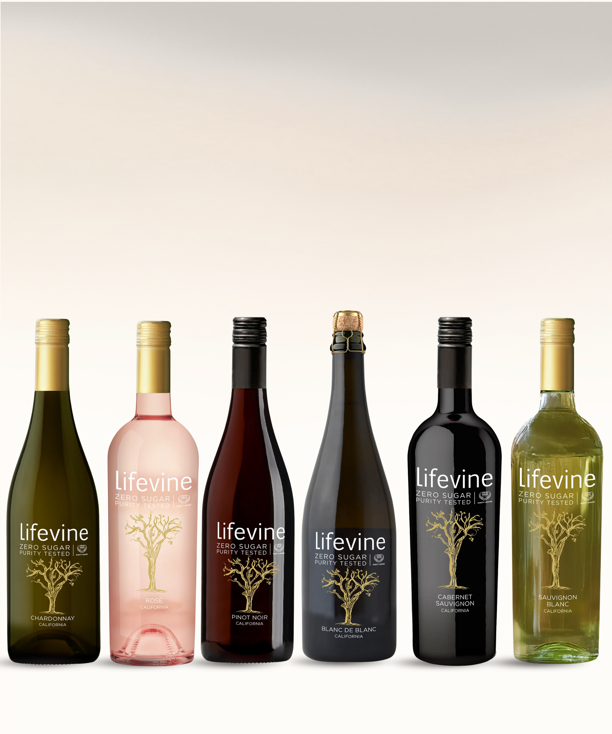 Collection of Lifevine wine bottles on a light background