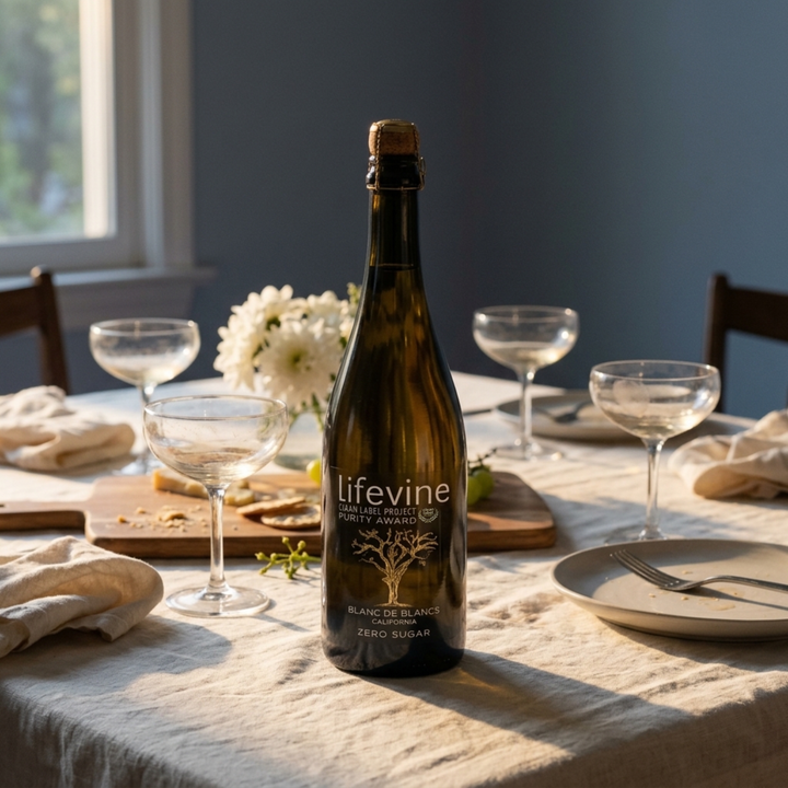 A bottle of Lifevine Non-Alcoholic Sparkling Wine with Flavouring, set on a beautifully styled dining table with champagne glasses, plates, and a neutral blue wall in the background.