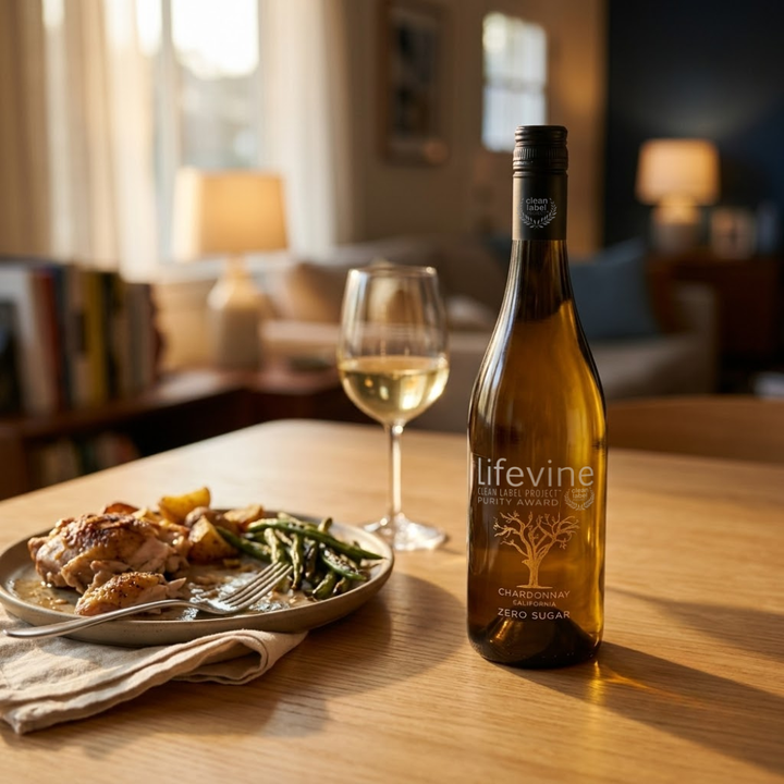 A bottle of Lifevine Chardonnay Zero Sugar white wine stands on a wooden table next to a filled wine glass and a plated meal in a warmly lit dining room setting.