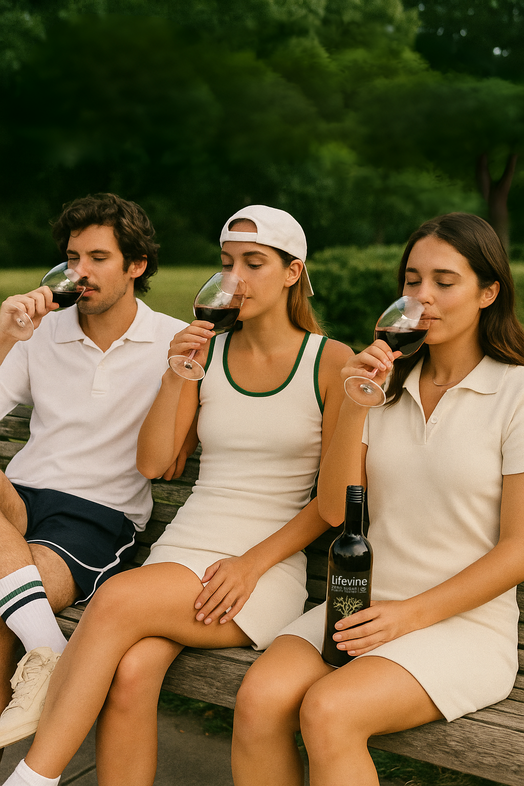 Three people sitting on a bench outdoors, enjoying wine.