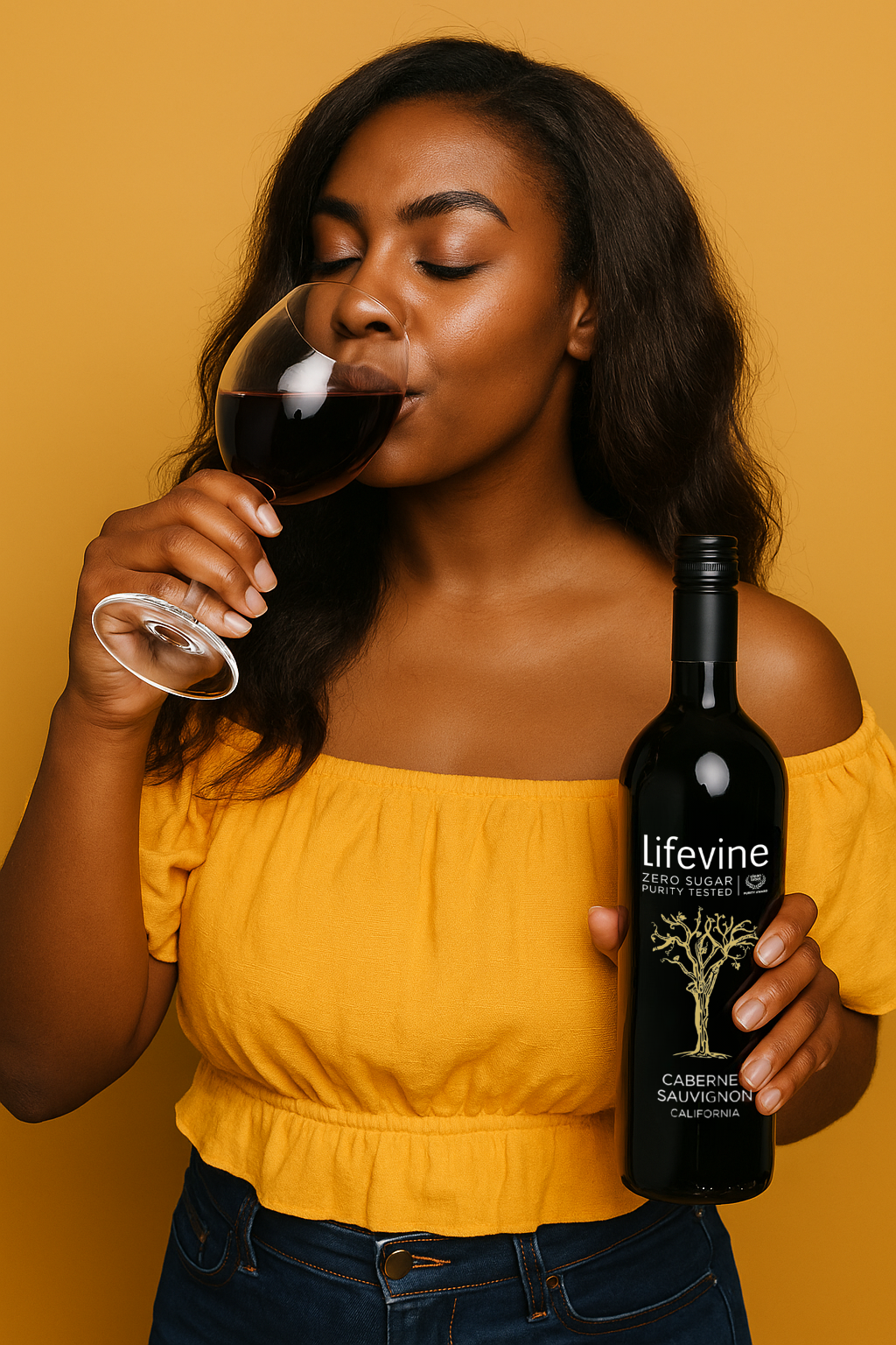 Woman in yellow top drinking from a glass of red wine, holding a bottle labeled 'Lifevine' against a mustard yellow background.